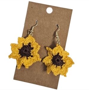 Handmade Crochet Sunflower Earrings – 6 cm | Nickel Free | Cotton Yarn